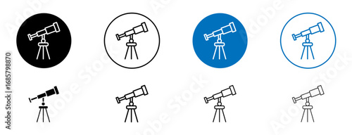 Telescope icons set in black and blue colors on white background