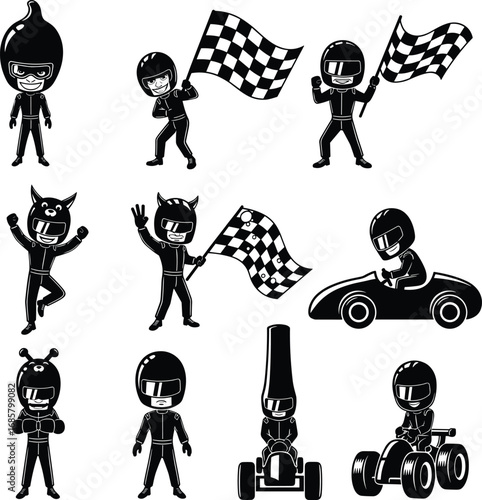 Cartoon Race Car Drivers with Helmets and Checkered Flags in Various Poses with Go-Karts and Racing Vehicles Vector Set
