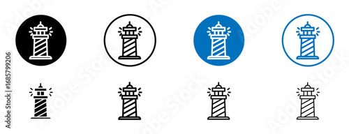 Searchlight tower icons set in black and blue colors on white background