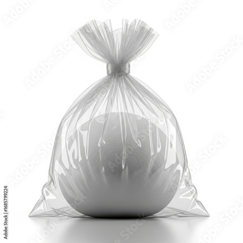 A round light colored object encased in a clear plastic bag tied at the top isolated on white background