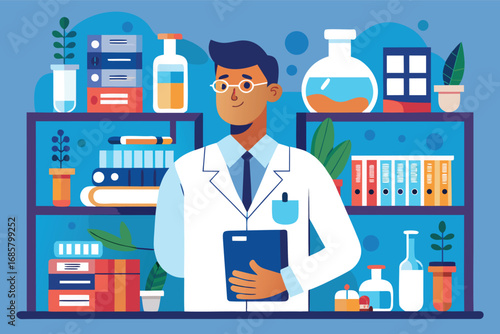 Healthcare professional in a laboratory with various scientific equipment and plants