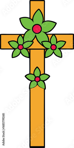 Orange cross with green flowers and red centers christianity