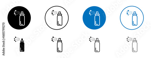 Sanitizing spray bottle icons set in black and blue colors on white background