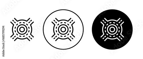 Road junction icons set in black and blue colors on white background