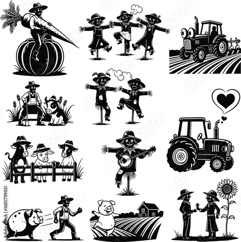 Farm Life Silhouettes with Farmer, Tractor, Scarecrow, Animals, and Crops – Rural Agriculture, Harvest, and Countryside Vector Illustration