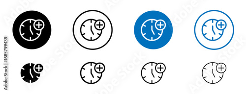 Plus hours icons set in black and blue colors on white background