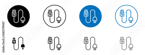 Plug USB cable icons set in black and blue colors on white background