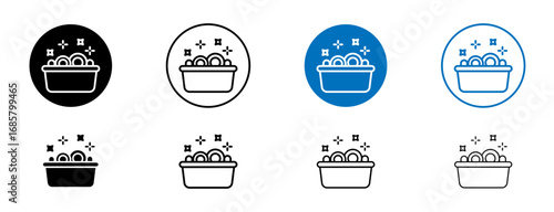 Plate washing icons set in black and blue colors on white background