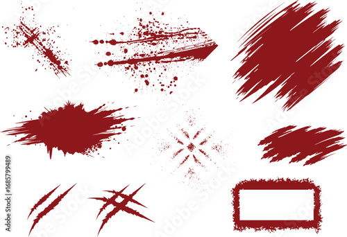 Blood Splatter Diverse Patterns brushstrokes Set for Crime and Horror Design Elements. Dirty collection of paint splatter imitating blood, cut marks, frame, Claws marks, splashes, drops, blots, spray.