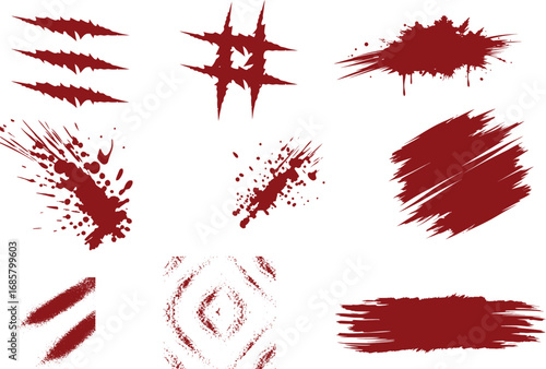 Diverse Set of Grunge Red Blood Splatters and Drips for Horror and Thriller Designs. Halloween, murder and horror concept. Red ink splash, splatter and stain, Blood spatters realistic bloodstain patte