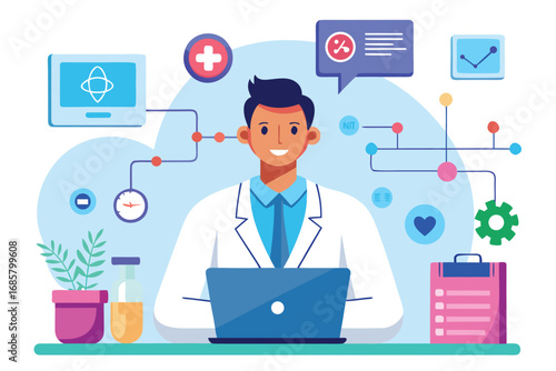 Doctor working on digital health solutions in a modern office setting