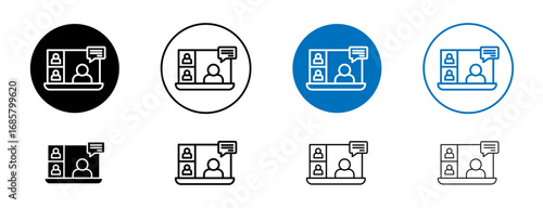 Online meeting icons set in black and blue colors on white background