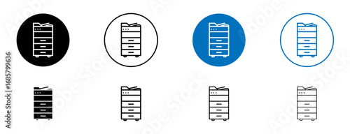 Office printer icons set in black and blue colors on white background