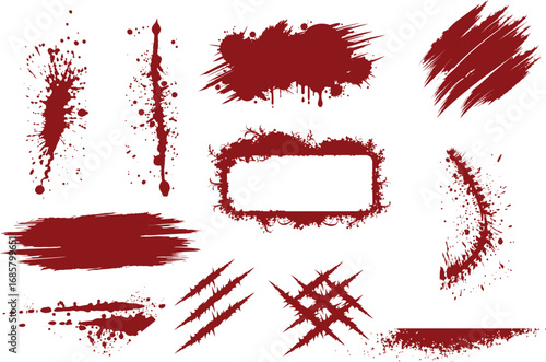 Realistic Halloween blood isolated on transparent background stains, dripping drops and spray explosions set. Horror gore crime scene forensic evidence elements. Halloween murder mystery background is