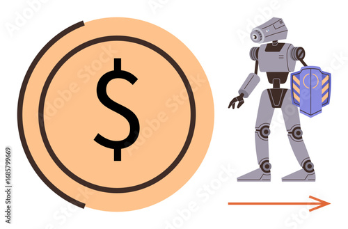 Robot holding shield near dollar icon, symbolizing financial protection, economic innovation, and future tech. Ideal for finance, cybersecurity, technology, AI, investment fintech and risk