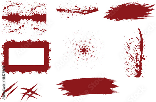 Realistic Halloween blood isolated on transparent background stains, dripping drops and spray explosions set. Horror gore crime scene forensic evidence elements. Halloween murder mystery background is