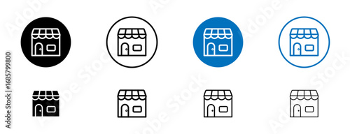 Marketplace icons set in black and blue colors on white background