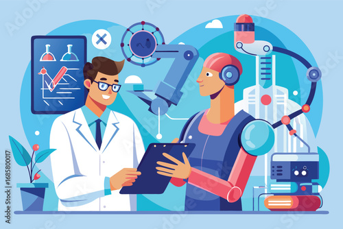 Scientists and robots collaborate in a modern laboratory showcasing innovative technology
