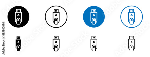 Inclined pendrive icons set in black and blue colors on white background
