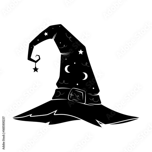 Illustration of a black witch hat with stars and moons for halloween celebration