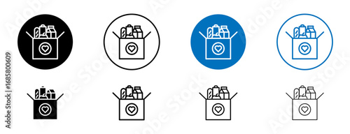 Donation box icons set in black and blue colors on white background