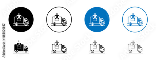 Coffee truck icons set in black and blue colors on white background