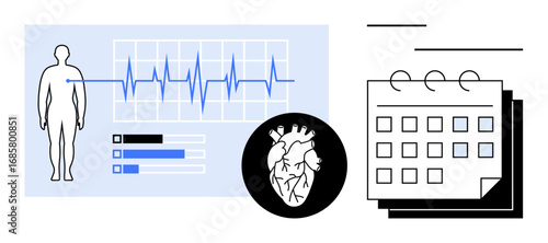 Human figure with heartbeat graph, bar chart, anatomical heart icon, and calendar. Ideal for health tracking, fitness planning, medical scheduling, cardiology, wellness strategies healthcare simple