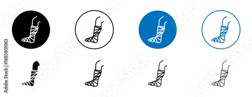 Broken leg in a plaster icons set in black and blue colors on white background