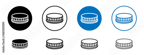 Bottle cap icons set in black and blue colors on white background