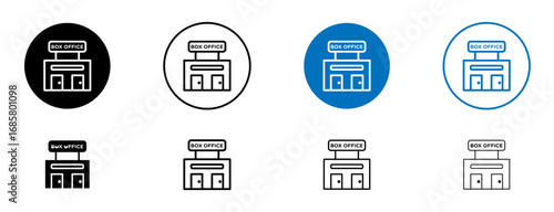 Box office icons set in black and blue colors on white background