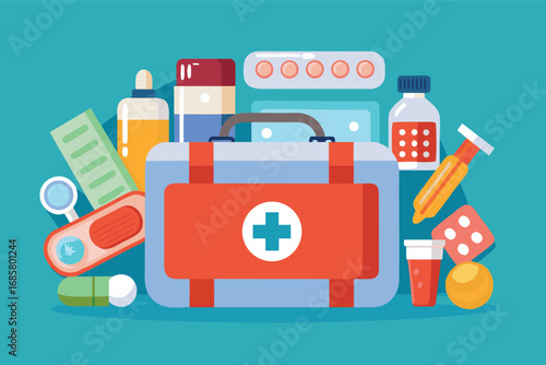 Essential medical supplies and first aid kit on a blue background displayed for health needs