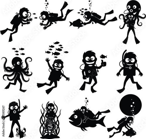 Funny Cartoon Scuba Divers with Fish, Octopus, and Underwater Sea Creatures – Humorous Ocean Adventure Vector Silhouette Collection