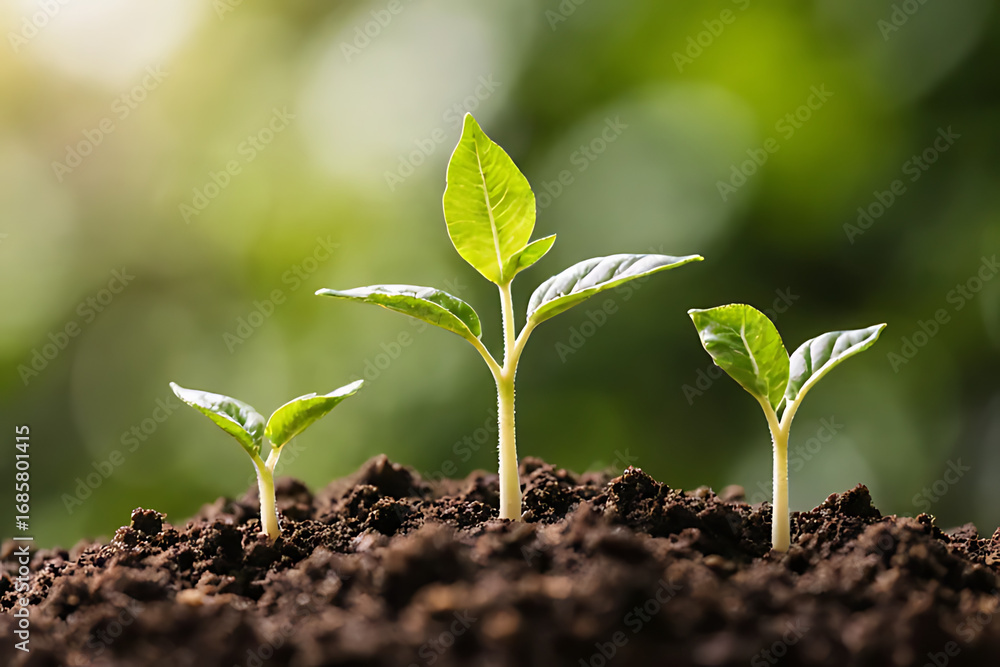 Fototapeta premium Young green seedlings growing from fertile soil, symbol of new life, agriculture, gardening, sustainability, and environmental care with natural sunlight and organic growth concept.