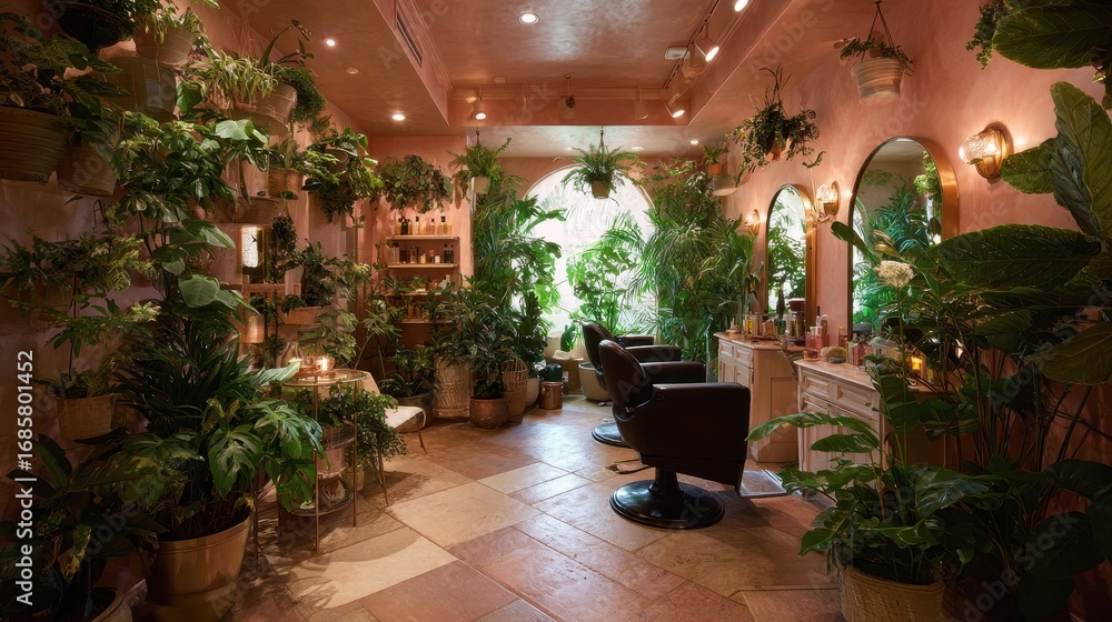 Fototapeta premium Relaxing plant-filled beauty salon interior with vibrant greenery and natural lighting in a cozy atmosphere