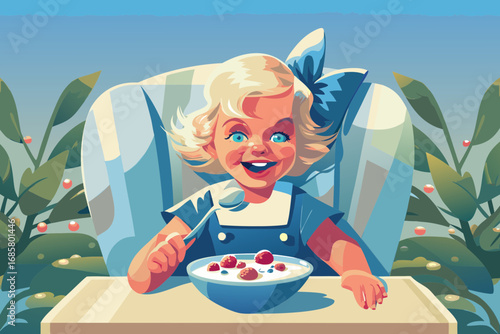 Child with a bright bow trying homemade yogurt with berries, joyful expression