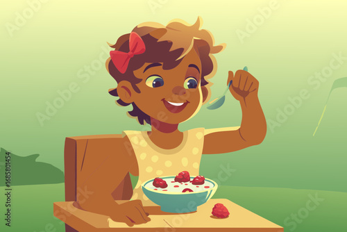 Child with a bright bow trying homemade yogurt with berries, joyful expression