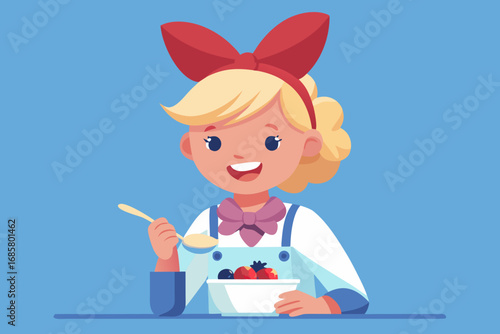 Child with a bright bow trying homemade yogurt with berries, joyful expression