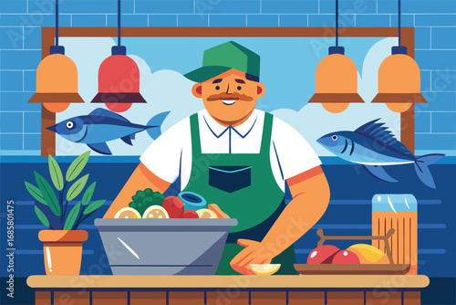 Fresh seafood market with a smiling vendor preparing ingredients in a vibrant kitchen