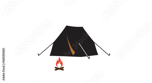 Minimalist camping scene with tent and campfire on white background