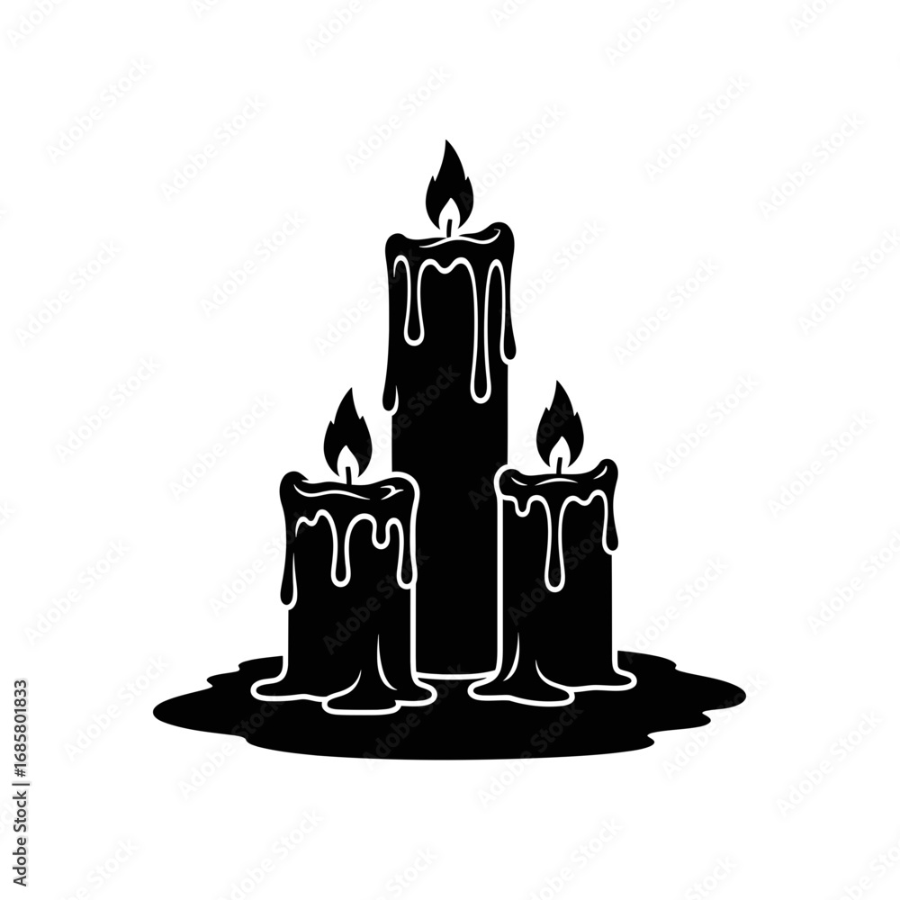 Obraz premium Vector art of three black candles with melted wax, creating a spooky and mysterious atmosphere