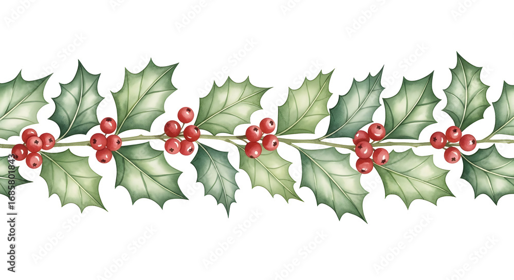 Fototapeta premium Classic Holly Leaves with Berries Illustration — Detailed Watercolor Holly Sprig Featuring Two Glossy Green Leaves and Cluster of Shiny Red Berries — Traditional Christmas Motif for Cards, Gift Wrap,