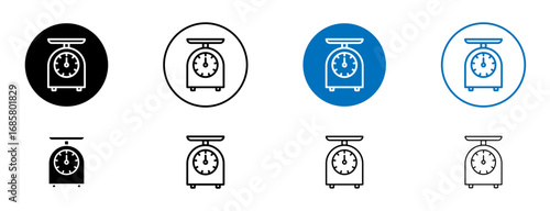 Kitchen scales icons set in black and blue colors on white background