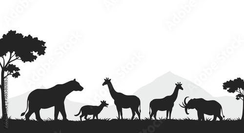 Silhouette of wildlife safari with giraffes and trees in african landscape