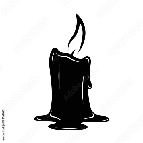 Illustration of a black candle with melted wax and a flickering flame