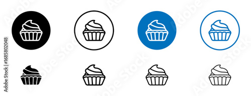 Cupcake icons set in black and blue colors on white background