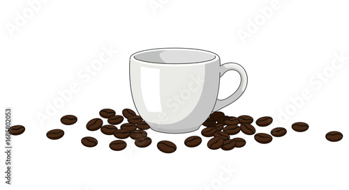 Minimalist coffee cup surrounded by scattered beans on white background