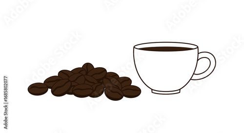 Minimalist coffee cup and beans design on white background