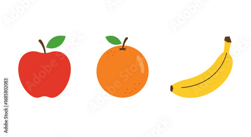 Colorful flat fruit icons: apple, orange, banana on white background