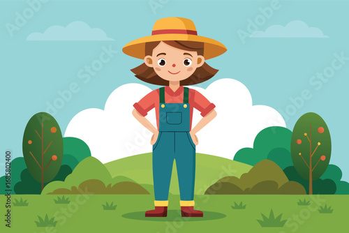 Young farmer enjoying a sunny day in a lush green landscape with trees and clouds