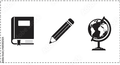 Educational icons: book, pencil, and globe in minimalist black and white style